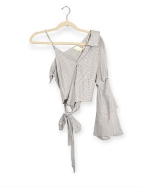 J.O.A Los Angeles One Shoulder Top S White Tie Waist Bell Sleeve Crop Top NWT